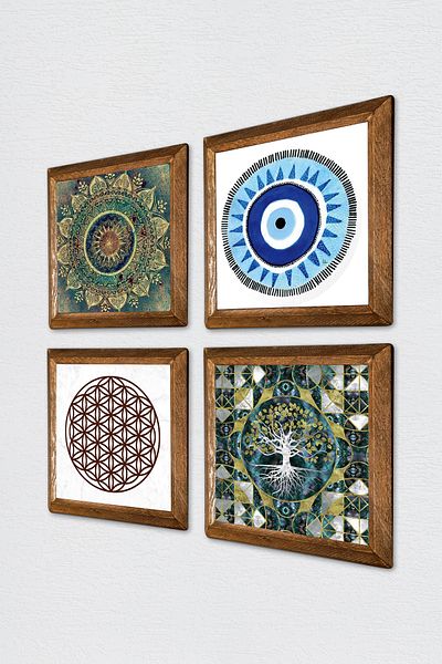 Pinecone Evil Eye, Tree of Life, Mandala, Flower of Life Wall Painting Wooden Framed Stone Wall Decoration 4 Piece Painting