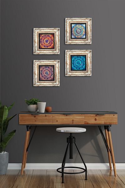Pinecone Mandala Stone Wall Painting Framed Wall Decor 4 Piece Painting Set Wall Art TK4-1085