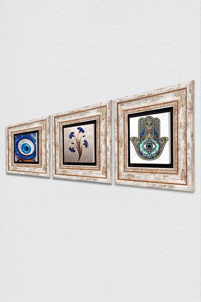 Pinecone Evil Eye, Marbling Art, Fatma Mother Hand (Hamsa) Wall Painting Framed Stone Wall Decor Set of 3 Tk3-1990