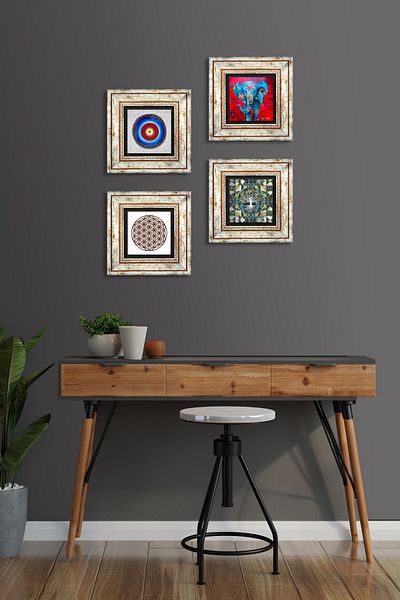 Pinecone Evil Eye, Tree of Life, Elephant, Flower of Life Wall Painting Framed Stone Wall Decor 4 Piece Set Tk4-898