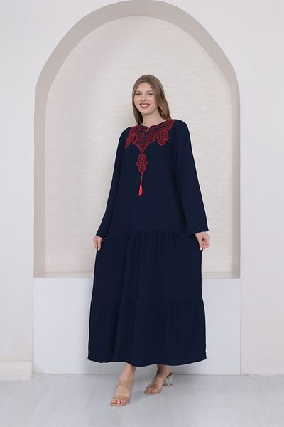 mervemoda Women's Navy Collar Embroidery Detail Long Sleeve Woven Dress