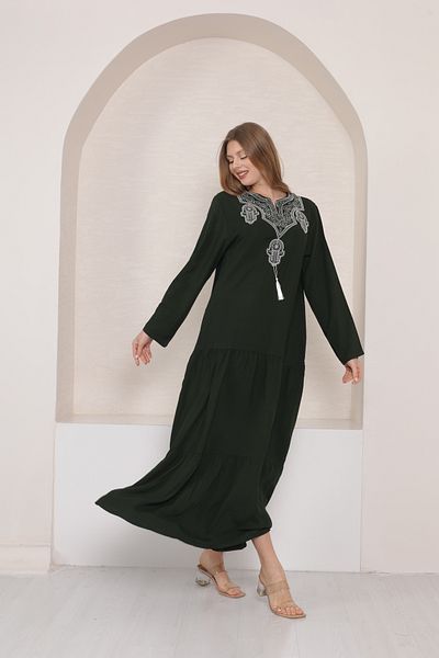 mervemoda Women's Khaki Collar Embroidery Detail Long Sleeve Woven Dress