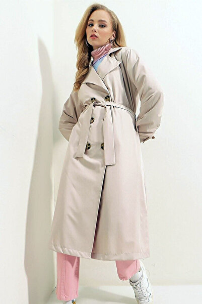 Naliru Kruvaze Yaka Kuşaklı Astarsız Önden Düğmeli Şık Midi Boy Mevsimlik Trençkot