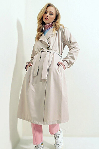 Naliru Kruvaze Yaka Kuşaklı Astarsız Önden Düğmeli Şık Midi Boy Mevsimlik Trençkot