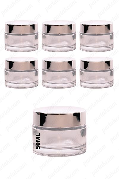 parlakcam 50ml transparent color cream jar glass cream box with shiny silver color lid 50cc glass jar 6pcs