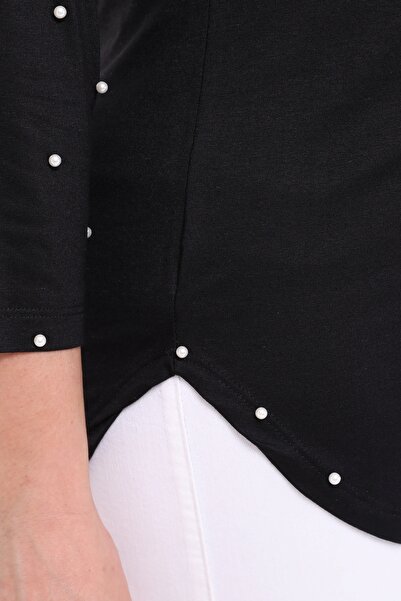 Curvy Trend Μπλούζα με φαρδιά λαιμόκοψη V με μισό μανίκι με μαργαριταρένια λεπτομέρεια