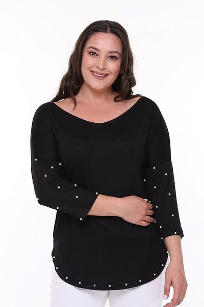 Curvy Trend Plus Size Pearl Detailed Wide V-Neck Half Sleeve Oval Slit Blouse