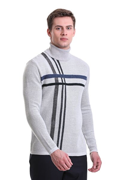 Hatemoğlu Gri Comfort Fit Desenli Balıkçı Yaka Yünlü Triko Kazak