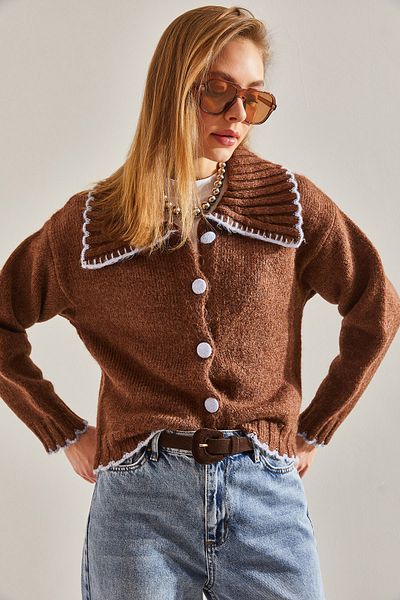 Bianco Lucci Women's Buttoned Large Polo Collar Knitwear Cardigan