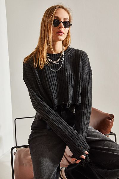 Bianco Lucci Kurzer Strickpullover mit Rundhalsausschnitt und Rissen für Damen