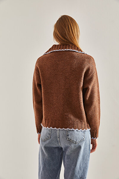 Bianco Lucci Women's Buttoned Large Polo Collar Knitwear Cardigan