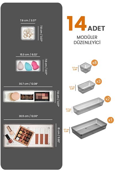 Meleni Home 14 Piece Mega Bathroom Cosmetic Jewelry Organizer Makeup Organizer - Modular Drawer Organizer