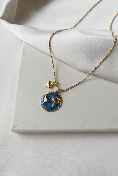 Karflake İnci Top Zincir Ve Mineli Dünya Kolye Ucu Bombe Kalpli Kadın Çelik Kolye