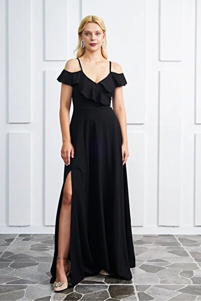 bayansepeti Rochie de seară neagră, cu volan, din țesătură crepon flexibilă, ...