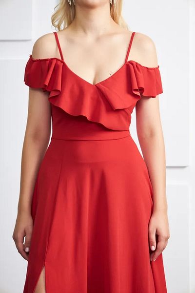 bayansepeti Women's Collar Design Slit Flexible Crepe Fabric Sling Chest Flounced Red Evening Dress582190