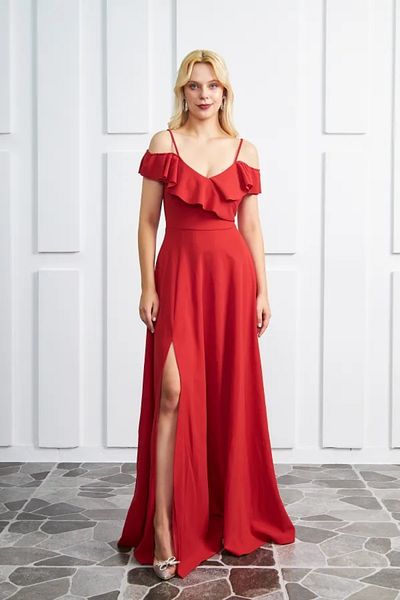 bayansepeti Women's Collar Design Slit Flexible Crepe Fabric Sling Chest Flounced Red Evening Dress582190