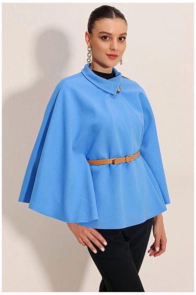 hazelin Poncho cu ștampilă detaliată pentru curea cu guler judecător albastru pentru femei HZL24W-BD191341