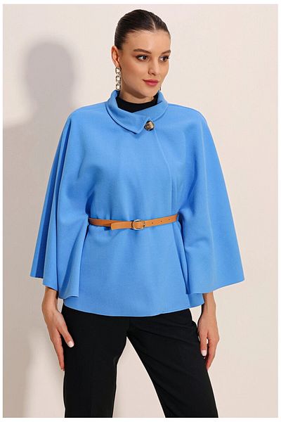hazelin Poncho cu ștampilă detaliată pentru curea cu guler judecător albastru pentru femei HZL24W-BD191341