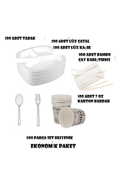 FİGANLAR 3-Compartment Foam Plate - Plastic Fork, spoon - Cardboard Cup Luxury Set