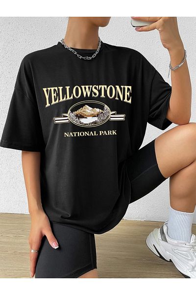 trendgar Μαύρο unisex υπερμεγέθη μπλουζάκι με στάμπα yellowstone