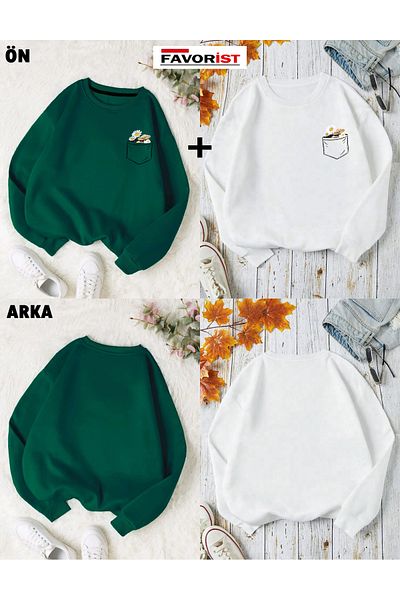 FAVORİST Set de 2 hanorace din bumbac cu imprimeu floral cu decolteu