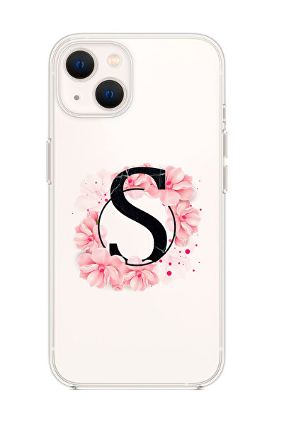 mooodcase Iphone 13 Pembe Çiçek Desen S Harfli Premium Şeffaf Silikon Kılıf