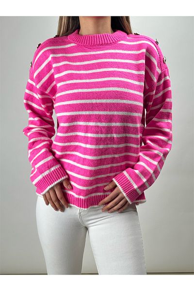 munora butik Gold Button Detailed Striped Knitwear Pink Sweater