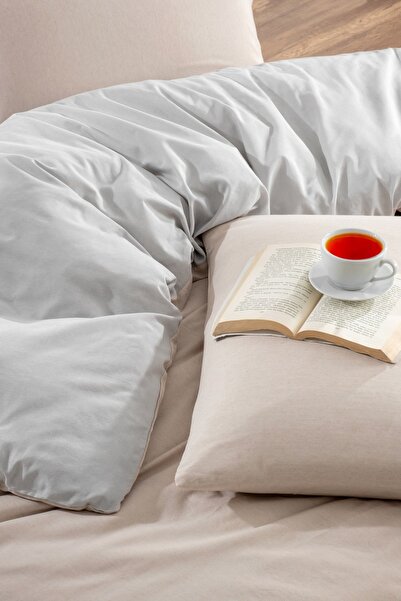 Valezium BEIGE- GRAY SINGLE DUVET COVER SET ELASTIC SHEET AND 1 PILLOW CASE