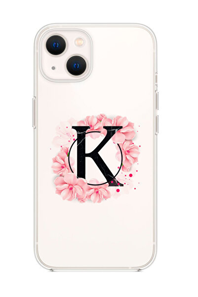mooodcase Iphone 13 Uyumlu Pembe Çiçek Desen K Harfli Premium Şeffaf Silikon Kılıf