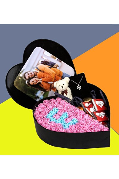 GİFTSTİME Baş Harfli Fotoğraflı New kalp kutu Çiçek Çikolata Buketi Ayıcık An...