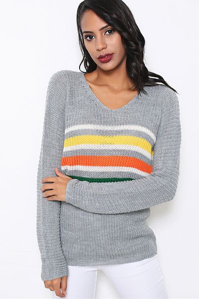 AVORWE Pulover din tricot cu dungi Selanik tricotat cu decolteu în V