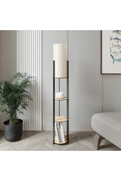 messer Pine Raflı Lambader YUVARLAK Safir Meşe Siyah Ayak