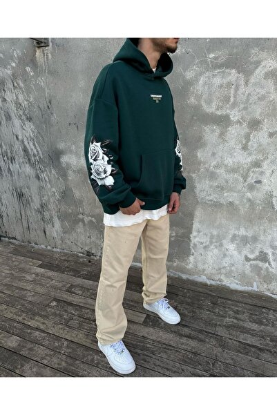 Benisengiydir Green Live in Themoment Printed Oversize Hooded Sweatshirt Unisex