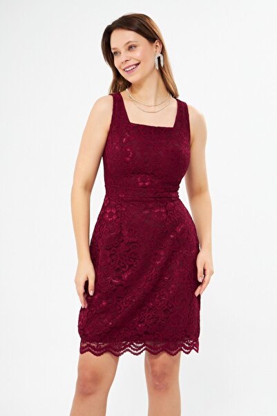 Bidoluelbise Rochie de seară mini din dantelă franceză burgundă, cu bretele l...