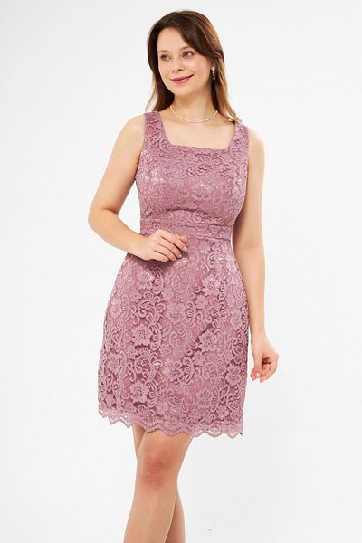 Bidoluelbise Mini rochie de seară cu dantelă franceză Dusty Rose, cu bretele late, guler pătrat