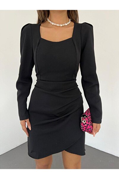 ALLEYTA Γυναικείο φόρεμα Atlas από ύφασμα με λεπτομέρεια στον ώμο με τετράγων...