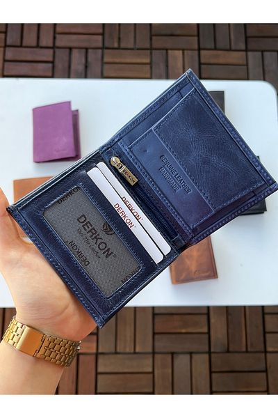 DERKON 100% Genuine Crazy Leather Murpy Model Wallet Navy Blue Color