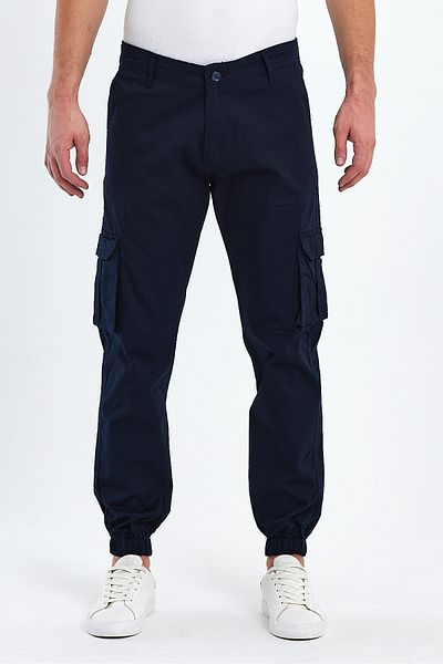 TheSeason Men's Navy Blue Gabardine Slim Fit Elastic Leg Cargo Pocket Cotton Flexible Trousers