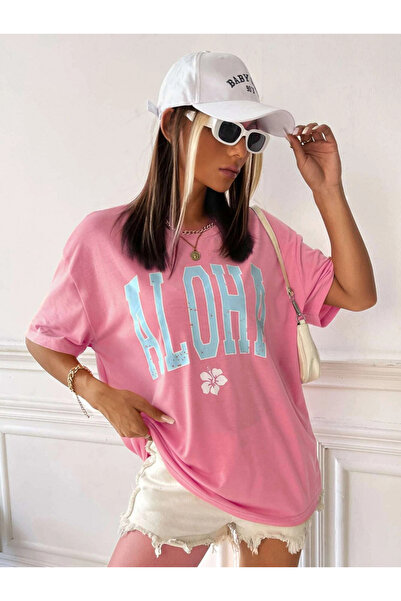 trendgar Aloha printed ροζ oversize μπλουζάκι