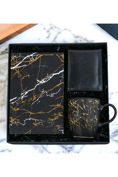 GİFTSTİME Mermer Desenli Defter & Mermer Desenli Kupa Bardak Siyah Erkek Cüzd...