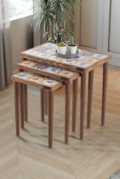 bluecape Selanik Etnik Çini Seramik Doğal Ağaç Çerçeveli 3lü Zigon Sehpa