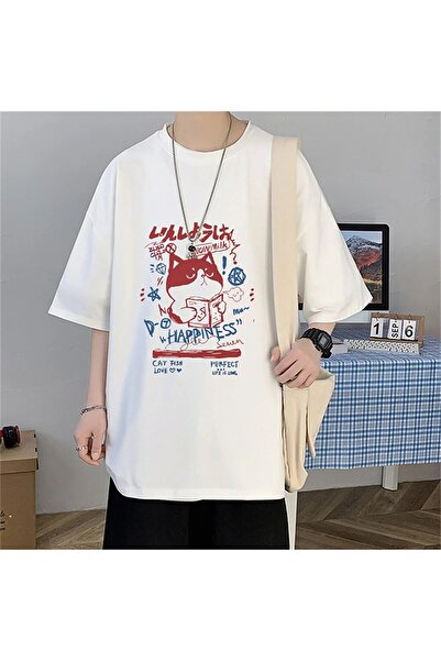 Le Savu Μπλουζάκι Happiness Cat με τύπωμα σε λευκό χρώμα oversized Le Savu