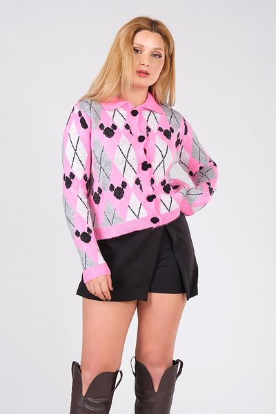 Giyim Dünyası Tricotaj de damă cu gât polo cu model diamantat Cardigan roz