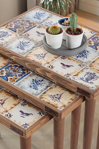 bluecape Selanik Etnik Çini Seramik Doğal Ağaç Çerçeveli 3lü Zigon Sehpa