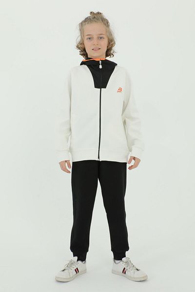 Black One Hooded Zippered Print Detailed Double Pocket Boy's 2-Piece Top and Bottom Tracksuit Set