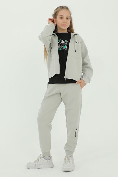 Black One Hooded Zippered Print Detailed Girl's T-Shirt Triple Bottom Top Tracksuit Set