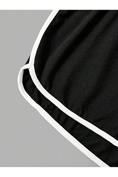 Harmandar Baskılı Siyah Renkli Beyaz Biyeli Penye Yırtmaçlı Ipli Mini Şort