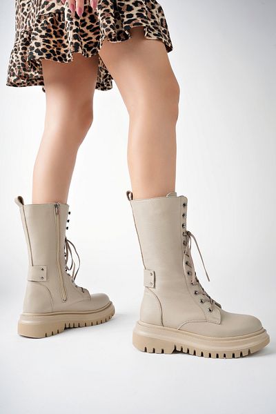 Deripabuc Genuine Leather Beige Women's Serrated Sole Leather Boots Trc-216577