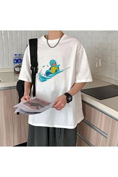 Le Savu تي شيرت بوكيمون سكويرتل مطبوع باللون الأبيض للجنسين مقاس كبير Le Savu