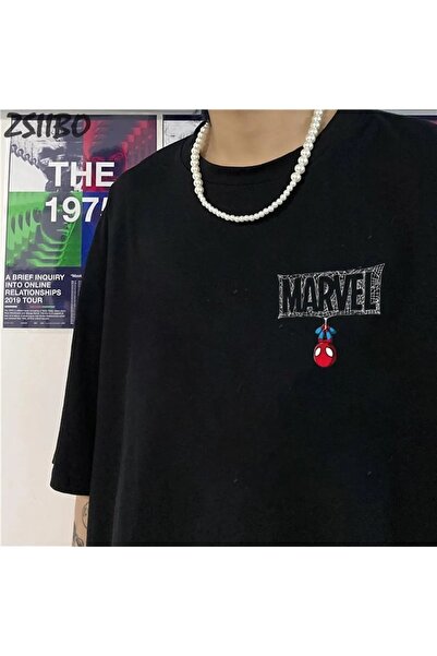 Le Savu Мини Спайдър-Мен с принт, черна унисекс тениска с голям размер Le Savu